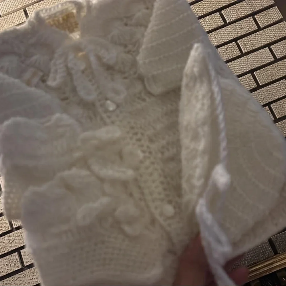 Elegant White Knit Sweater set hat and mittens